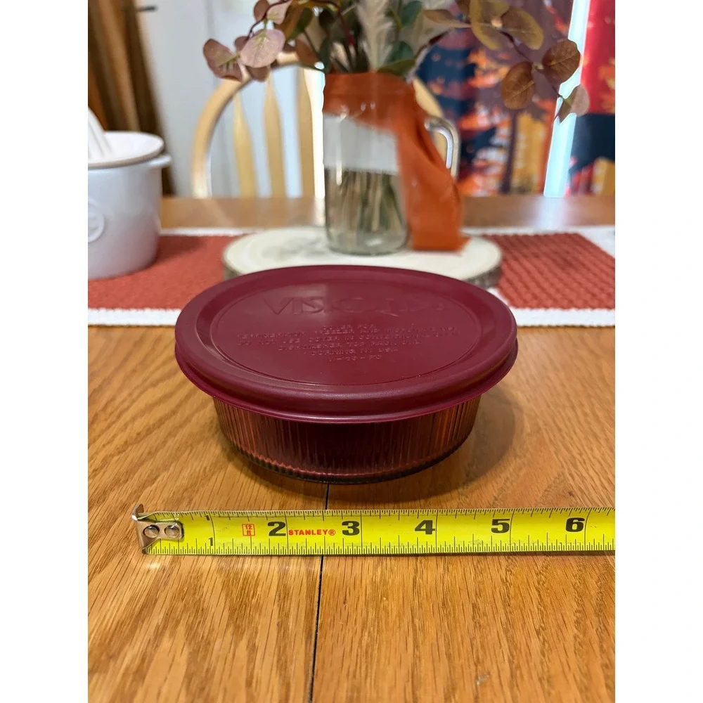 Corning Visions Cranberry 1 Pint Glass Bowl Ribbed C-16-B with Lid V-16-PC USA